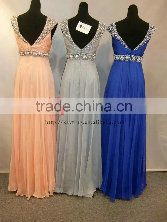Elegant sleeveless beaded dark V backless evening dress new
