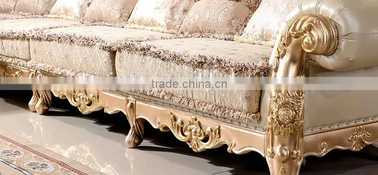 Luxury European style solid wood golden carving genuine leather back matching fabric seat living room corner sofa set