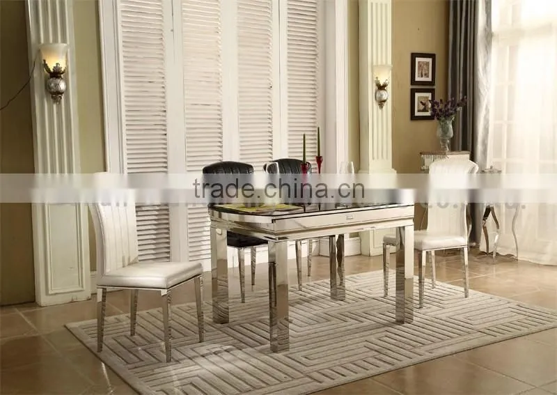 Glass Top Stainless Steel Legs Extendable Dining Table
