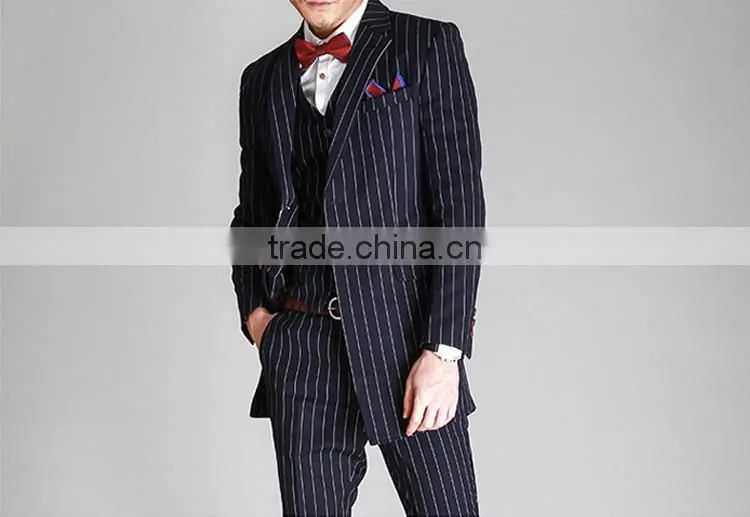 2017 latest design 3 pieces suits with long blazer waistcoat and pants dark blue stripe suite made in china