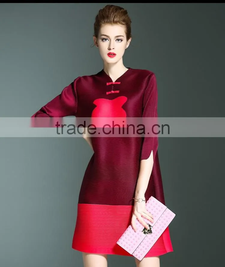 Retro pleat Chinoiserie printed ladies large size dress with two buttons