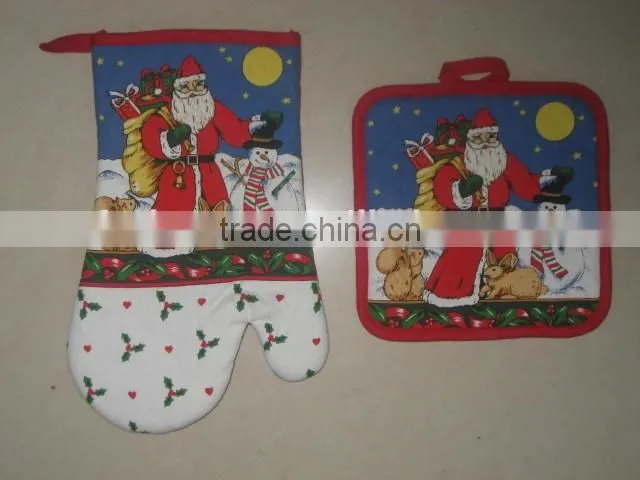 2pcs kitchen set Christmas design in cotton oven mitt and pot holder