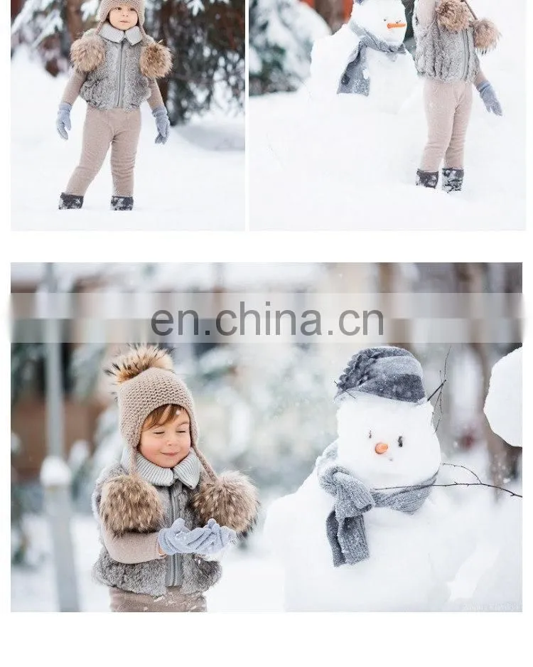 Kids Winter Knitted Hats Children Three Fur Pom Poms Hat Baby Hat With Hair