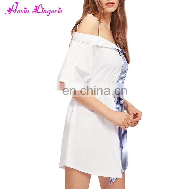 Hot Sale Halter Striped Short Sleeve Overbust Sexy Midi Off - Shoulder Dress