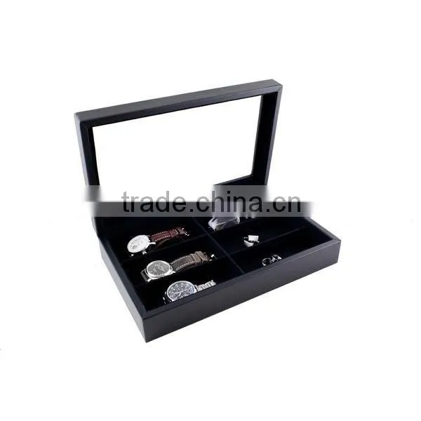 custom genuine leather glasses case watch storage box jewelry display case with glass top