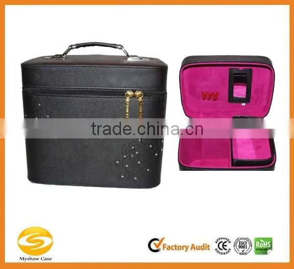 Black leather cosmetic box with mirror makeup carry case