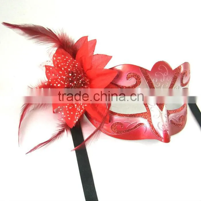 Red Plastic Masquerade Mask With FLower