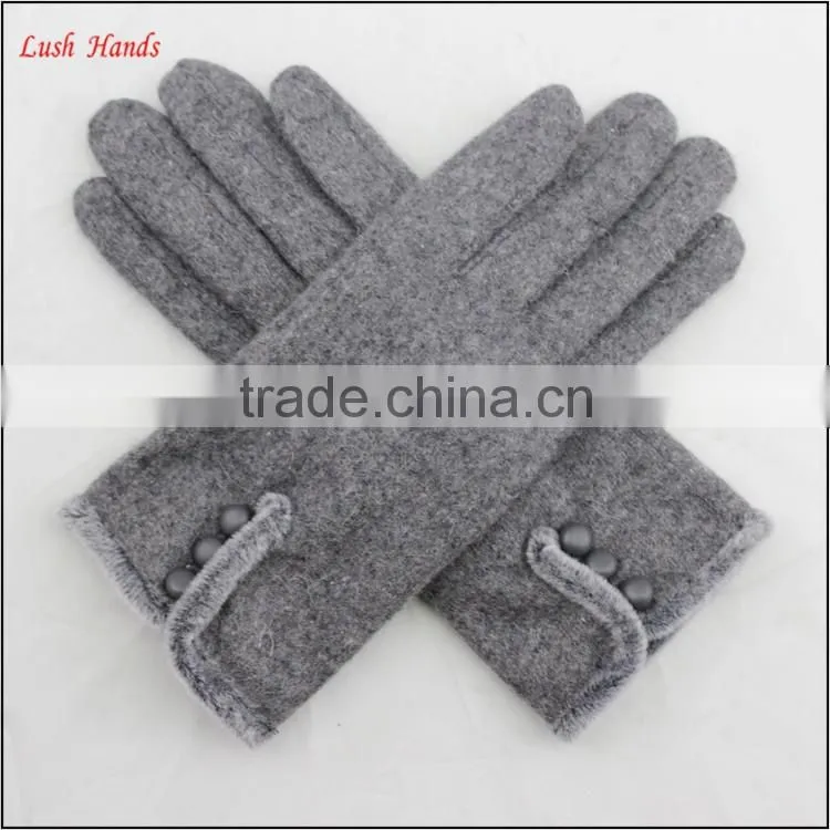 ladies winter warm grey woolen dress fashion hand gloves with fur and button