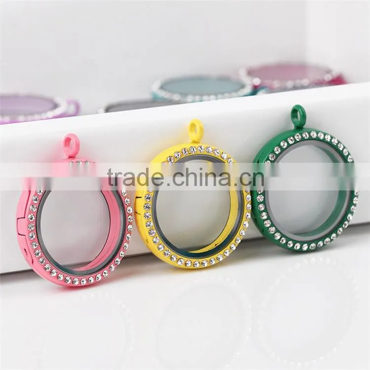 Colorful Circle Round Floating Locket Charm with Rhinestone