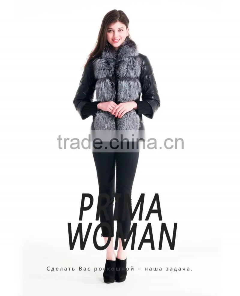 2015 Winter Fashion Leather Short Women Jacket With Silver Fox Collar Detachable Cuffs Overcoat