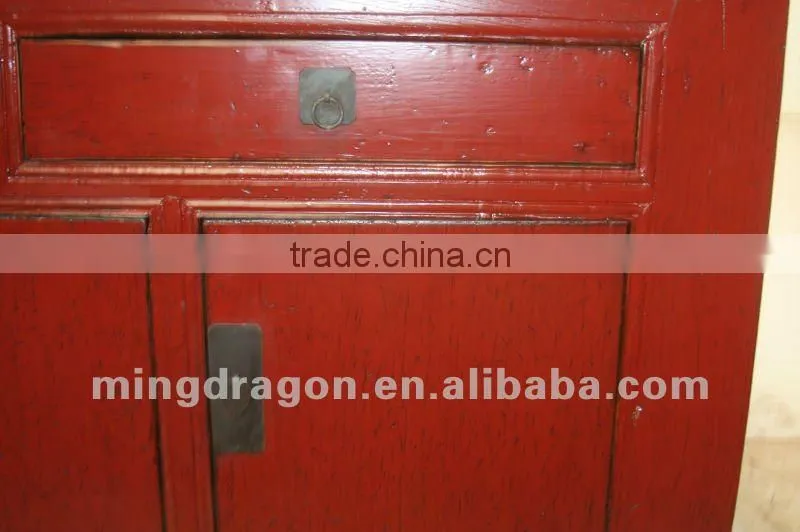 Chinese antique furniture red pine wood three drawer four door cabinet