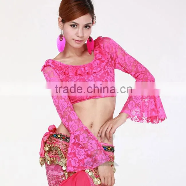 Belly Dance Training long sleeve Yellow Rose Lace Dance Costume Tops