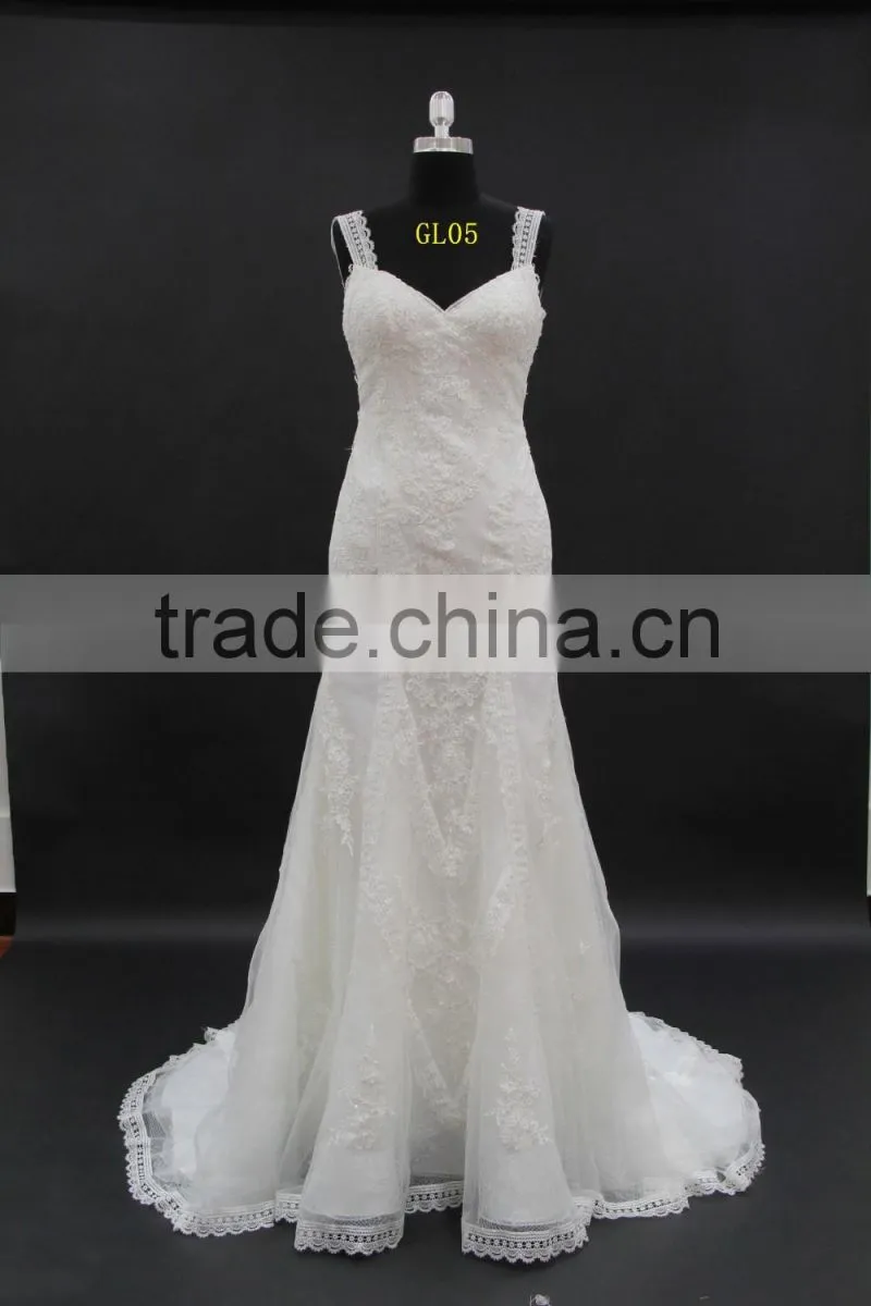 Beading lace trim small A-line wedding dress with two straps