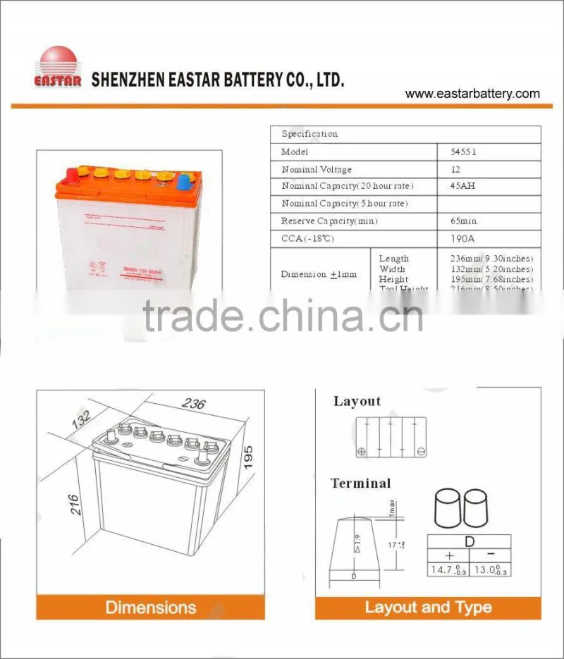 High quality 12V Battery 45AH Dry charged EASTAR brand car battery