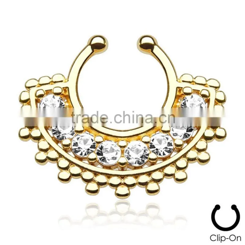 Nose Piercing Septum Gold Fake Clip On Ring Multi Crystal Nose Ring