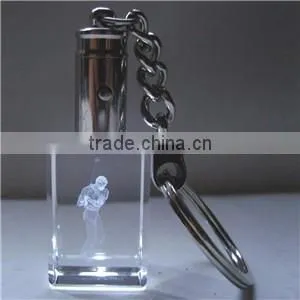 Wholesale custom 3d laser engraved blank led crystal keychain/key ring /keyholder for souvenir gift