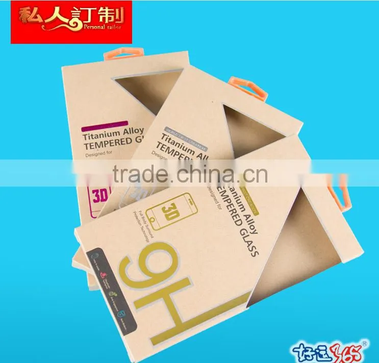 2016 Customized brown kraft paper box for tempered screen protector with silver stamping and plastic hanger