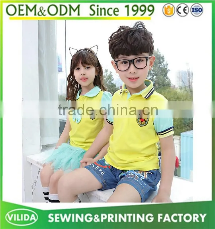 New design primary school uniform polo and skirt or shorts from china factory