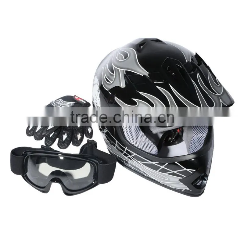 Youth Black/Silver Skull Bike Motocross Helmet Goggles+gloves+Interphone S M L