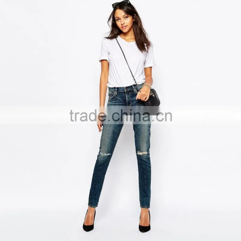 knee ripped new model jeans for lady wholesale custom design