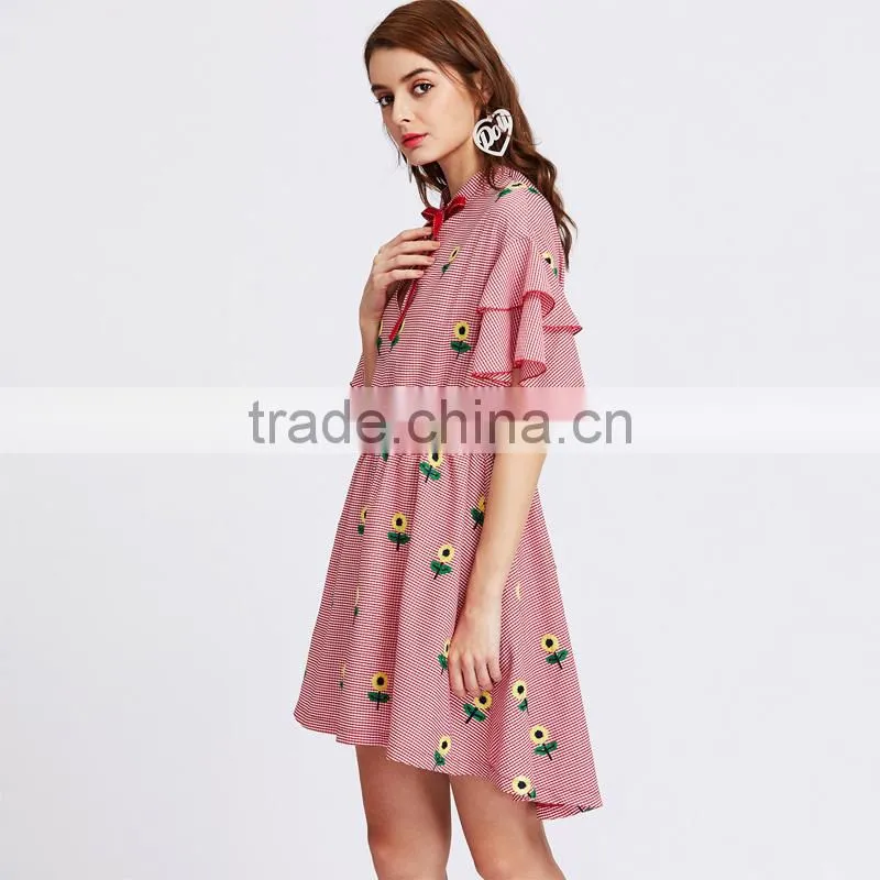 RED flower embroiedered and ruffled shoulder women cute short dress