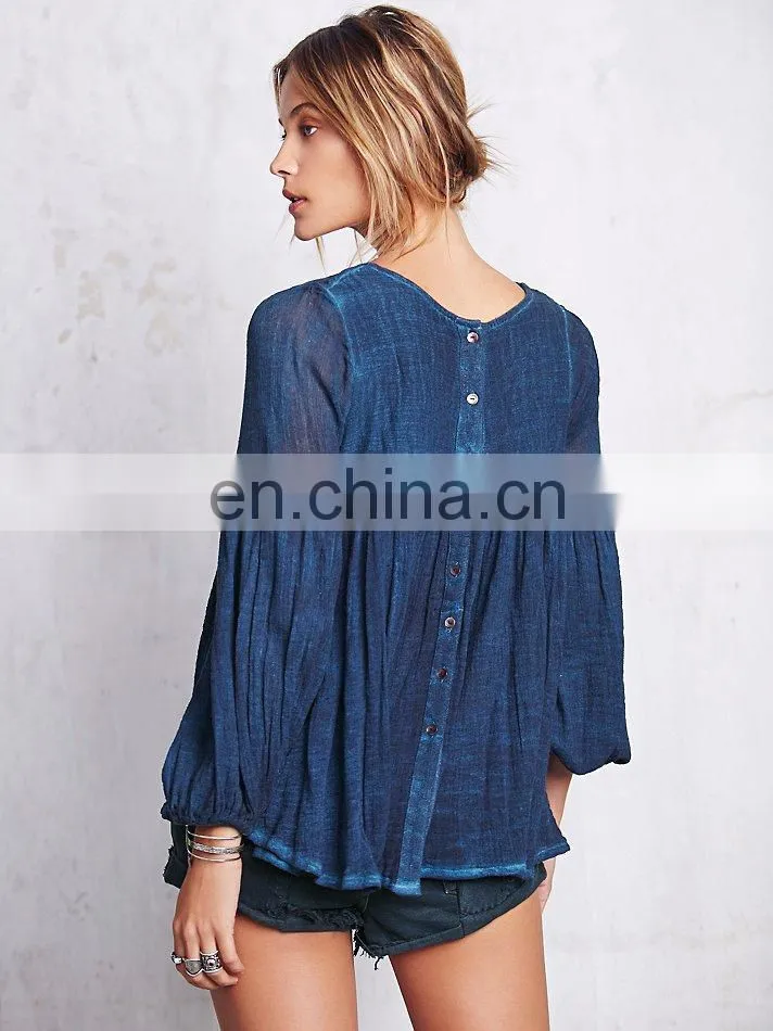 High quality 3/4 sleeve cotton yarn babydoll shirt , ladies gauze shirt