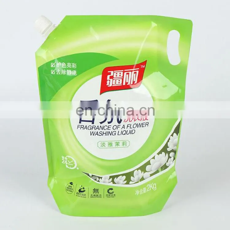 customized printing stand up reusable laundry detergent packaging spout bag with side hang hole