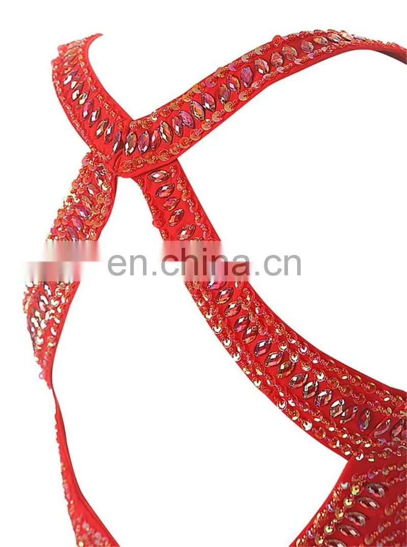 Red Spaghetti Strap Chiffon Long Evening Party Gowns 2016 A-line Criss Cross Strap Back Prom Dress with Crystals Sequined