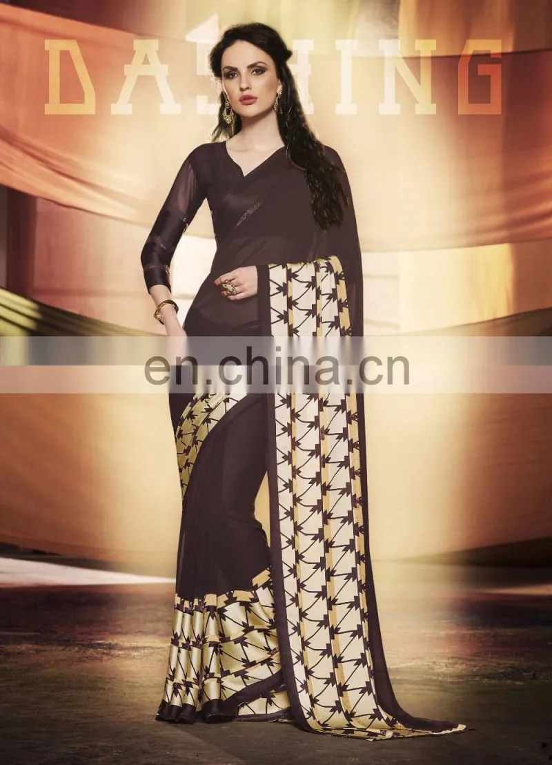 Orange Colored Georgette Satin Printed Saree