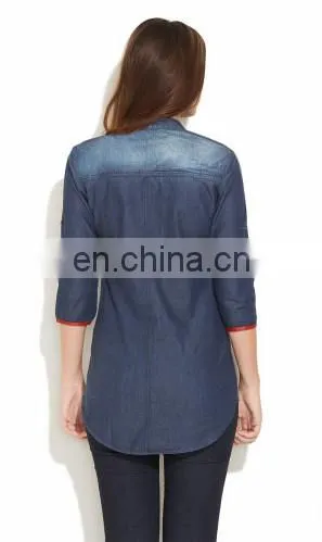ONSALE NEW FASHION EUROPEAN STYLE COLLAR NECK SHIRT TRENDY HOT WOMENS' DENIM SHIRT BLOUSE TUNIC DRESS SUMMER TOPS FOR LADIES