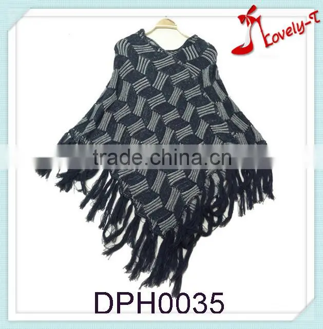 Cheap wholesale women new fashion leaf crochet knit acryclic poncho sweater with tassels