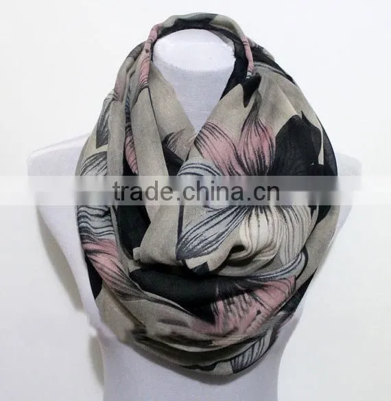 High Quality Large Elegant Flower Printing Encrypt Polyester Voile Scarf for Women
