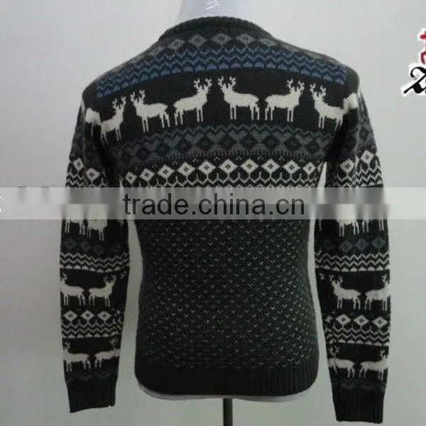 MEN FASHIONABLE CREW NECK PULLOVER CASHMERE KNITTING SPLICE DEER PATTERN FASHION BLACK SWEATER