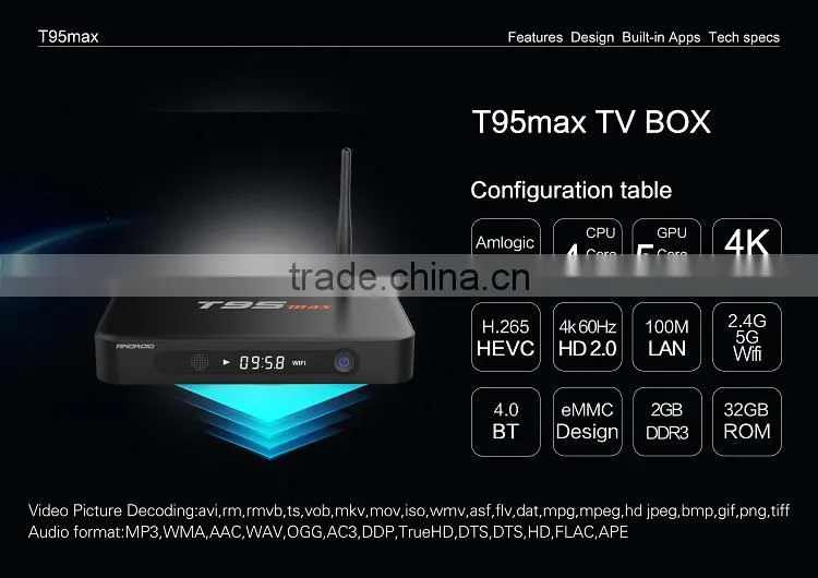 T95MAX 1000M network kodi 16.0 2G ROM 16G RAM miracast android5.1 tv box with wifi antenna
