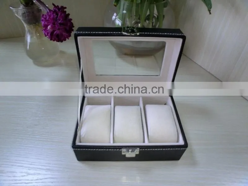luxury black leather shadow window lid watch box gift box lint lock front black jewelry leather box