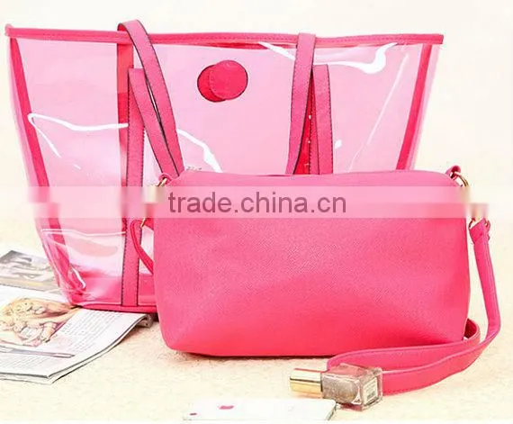 Transparent style 2 in One Women Leather Bags Handbag Clutch Tote Shoulder Bag . PVC beach bags orange