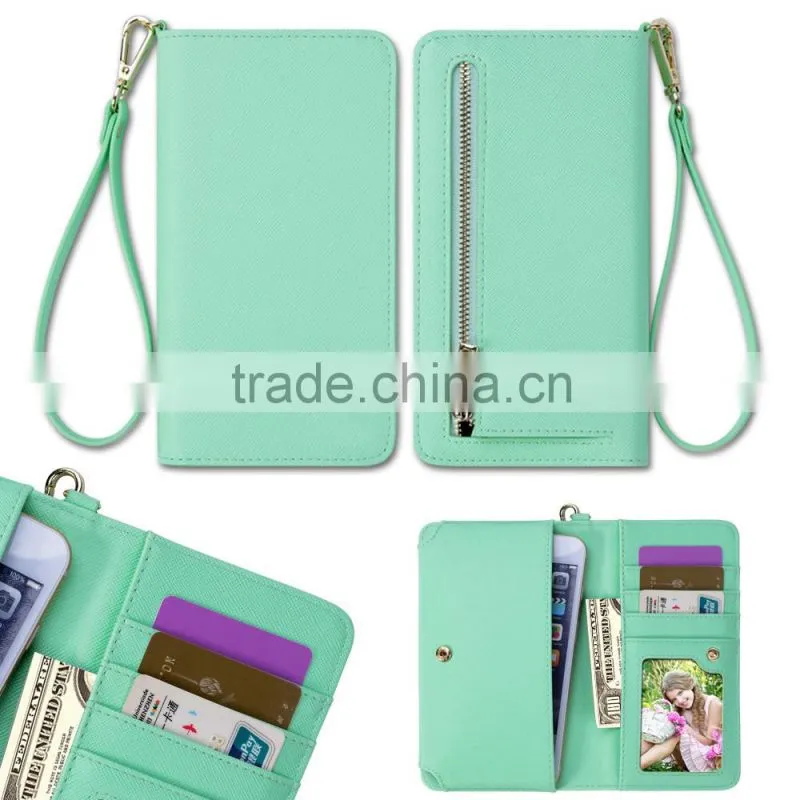 card holder green PU leather long wrist rope RFID blocking hand bag ladies