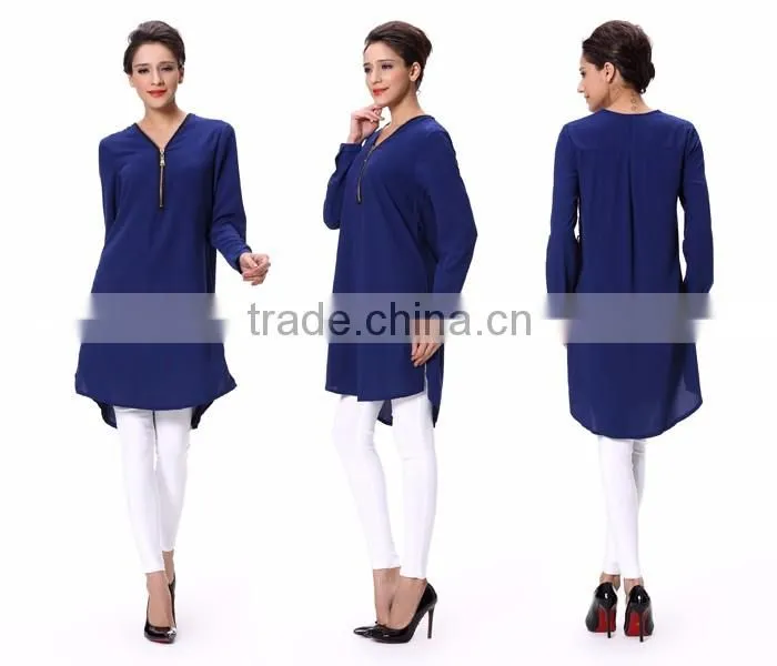 2016 Hot Sale Women Blue Chiffon Long Sleeve Top in China