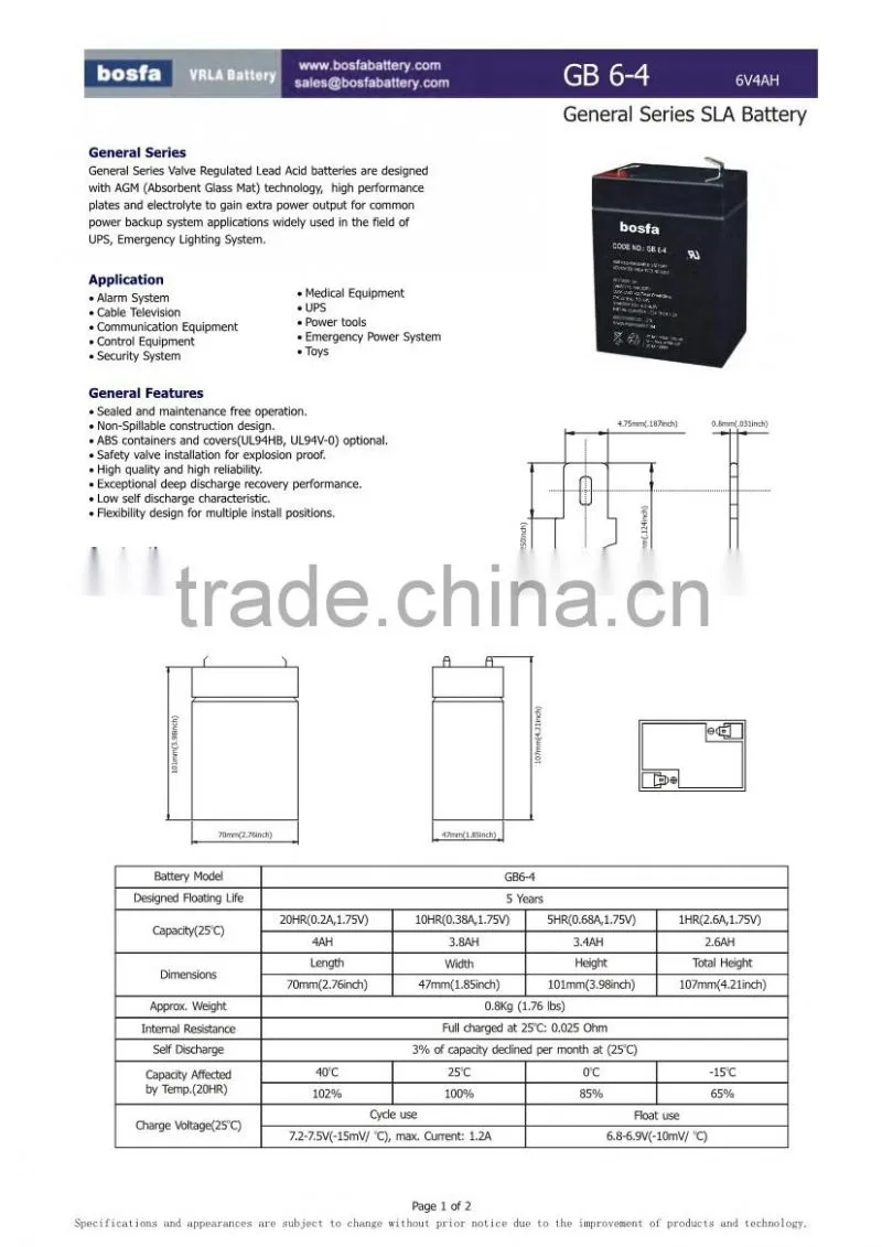 6v4ah valve regulated sealed lead acid battery power security camera ups battery