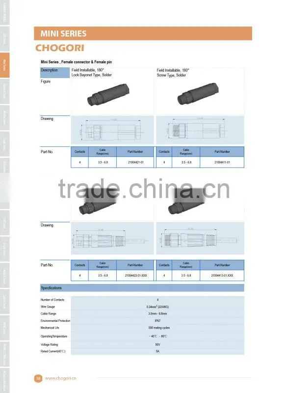 mini series, field installable,2pins, screw type, ip68 waterproof connector