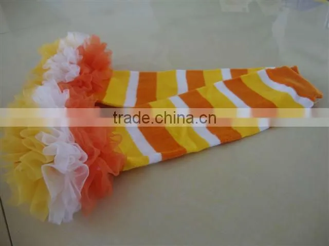 Wholesale chevron print cotton leg warmer with W strips and chifon ruffles for kids