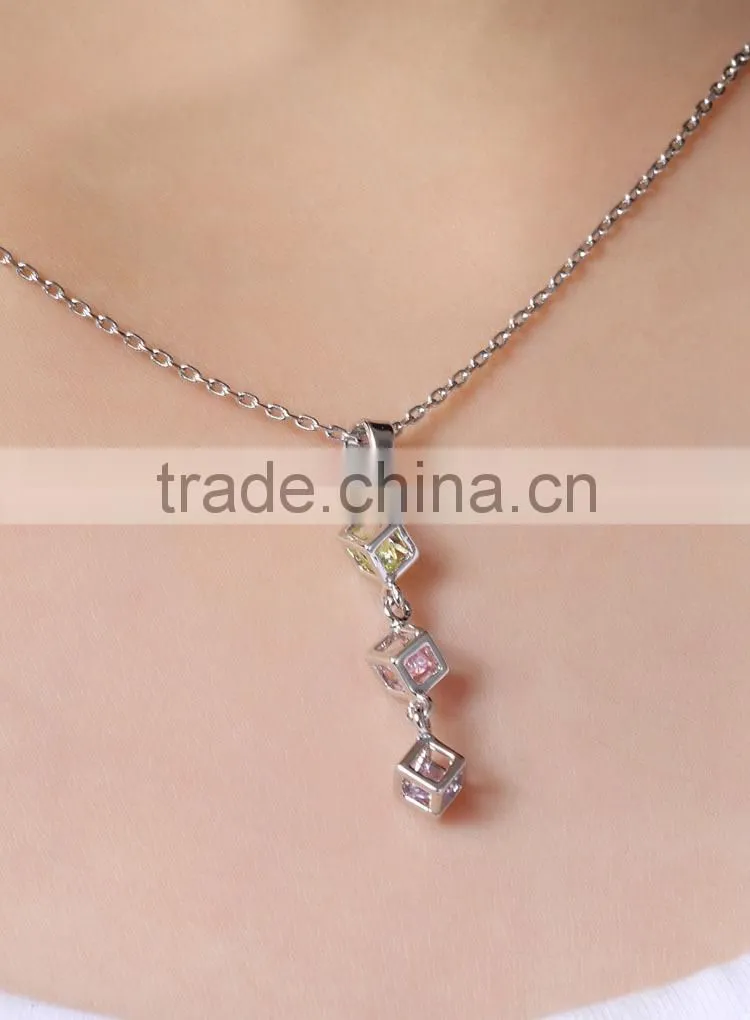Alibaba Website China 925 Sterling Silver Tricolor CZ Cube Pendant Necklace