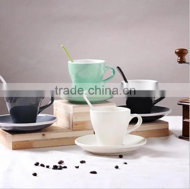 glazed ceramic mug and saucer outside color and inside white