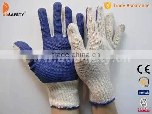 DDSAFETY 2017 7G Natural Cotton Polyester String Knitted Blue PVC Pigment Coated Safety Gloves