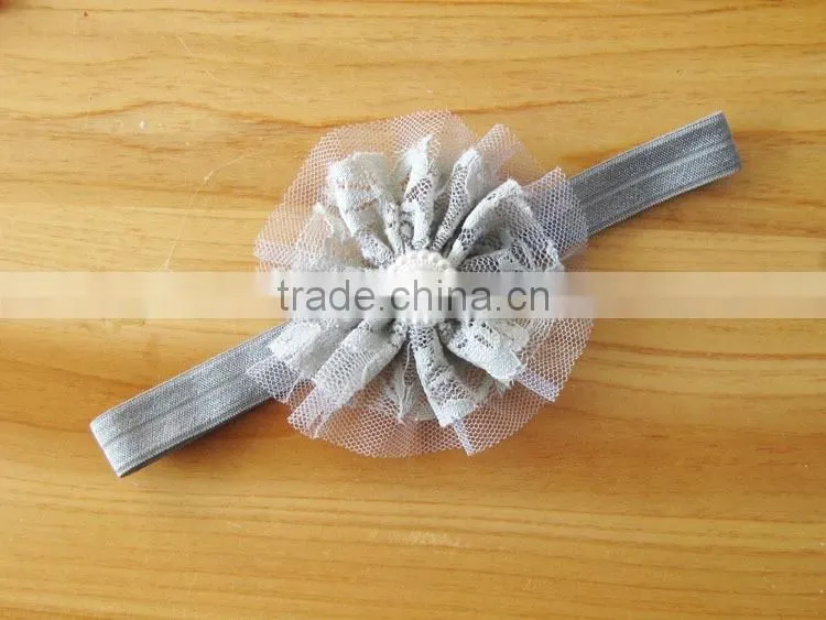 lace flower headband with pearl rhinestone in center for kids hair accessories