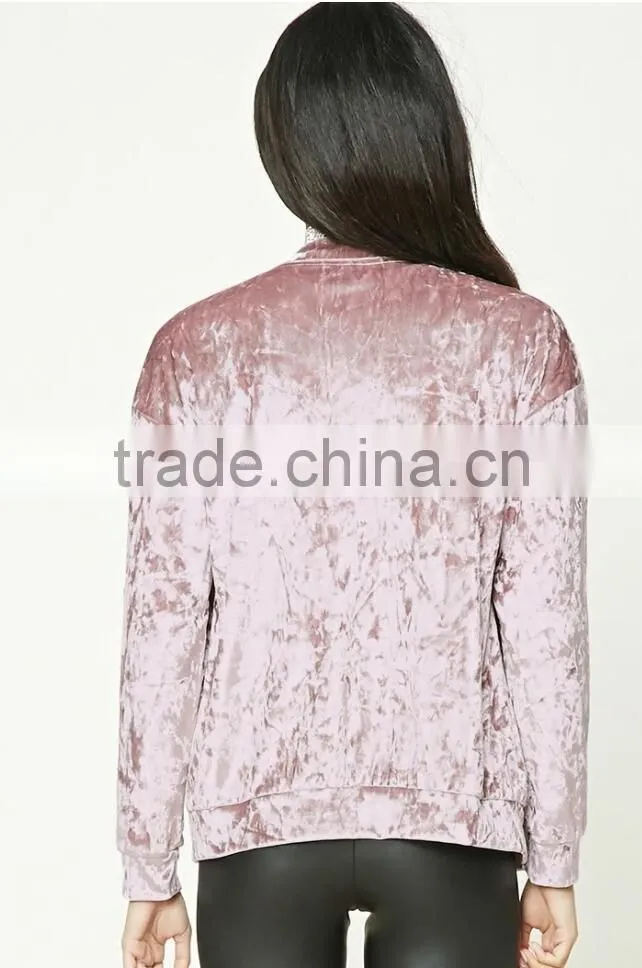 Wholesale Pink Fashion New Bomber Jackets Crushed Zip Up Front Sports Baseball Varsity Jackets Polyester Velvet Bomber Jacket