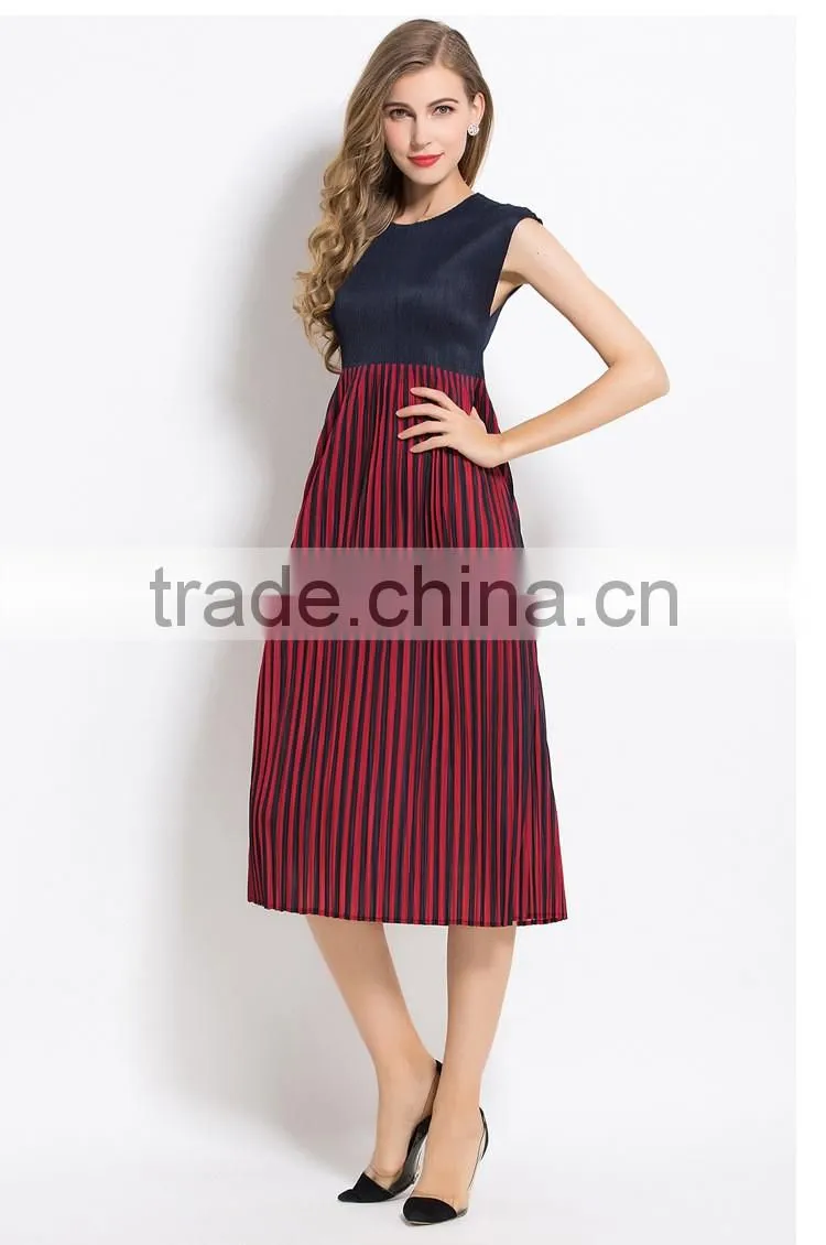 Summer colors splicing sleeveless wrinkled dress for women