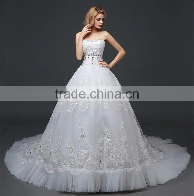 Sexy Bandeau Lace Beaded Cream Crepe Ruffles Weding Dress Pleated Corset Bodice Luxury Bridal Dress