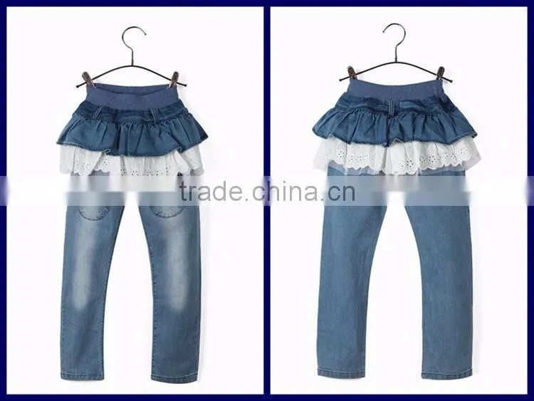 Latest design round pocket design sky blue culottes lace kid ruffle dress pants