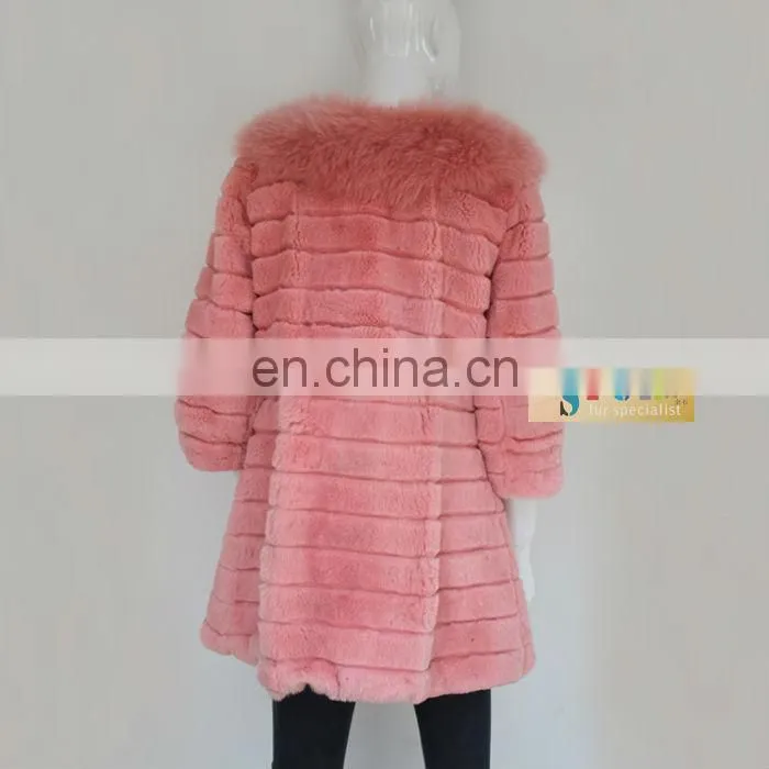 Pretty strawberry pink long rabbit fur women coat with fox fur collar